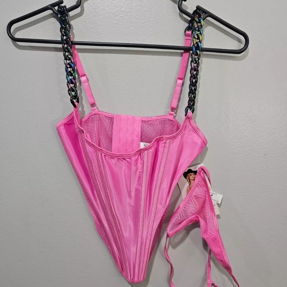 Valentines Dreamgirl Pink Satin diamond mesh bustier Top G-string thong set S - Picture 5 of 8